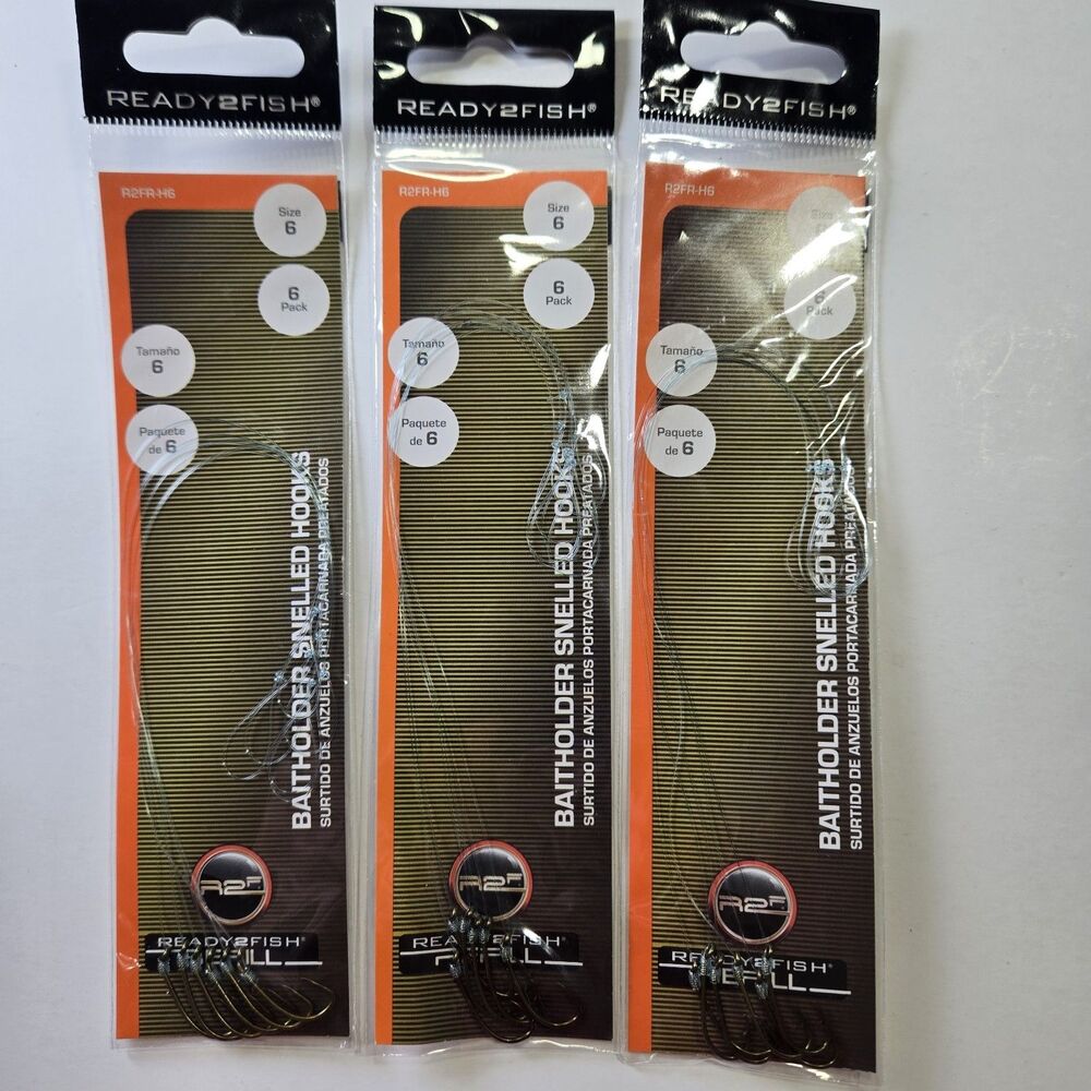 Lot of 3 Ready2Fish Baitholder Snelled Fishing Hooks - Size 6 - 18 Total Hooks
